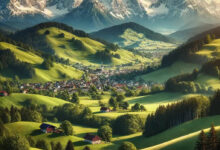 DALL·E 2024 08 06 12.45.50 A scenic landscape depicting the beauty of Europe and its mountains. The image features rolling green hills in the foreground transitioning into rugg 1