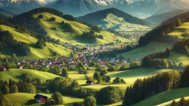 DALL·E 2024 08 06 12.45.50 A scenic landscape depicting the beauty of Europe and its mountains. The image features rolling green hills in the foreground transitioning into rugg 1