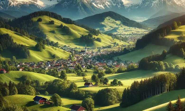 DALL·E 2024 08 06 12.45.50 A scenic landscape depicting the beauty of Europe and its mountains. The image features rolling green hills in the foreground transitioning into rugg 1