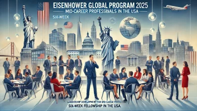 DALL·E 2024 08 20 11.40.23 A promotional image for the Eisenhower Global Program 2025 in the USA. The image should show a diverse group of mid career professionals from differen