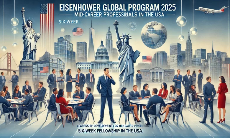 DALL·E 2024 08 20 11.40.23 A promotional image for the Eisenhower Global Program 2025 in the USA. The image should show a diverse group of mid career professionals from differen