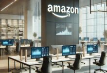 A sophisticated and professional office environment for Amazon without any people. The scene includes a modern design with sleek minimalist furnitur