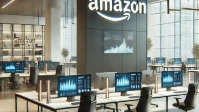 A sophisticated and professional office environment for Amazon without any people. The scene includes a modern design with sleek minimalist furnitur