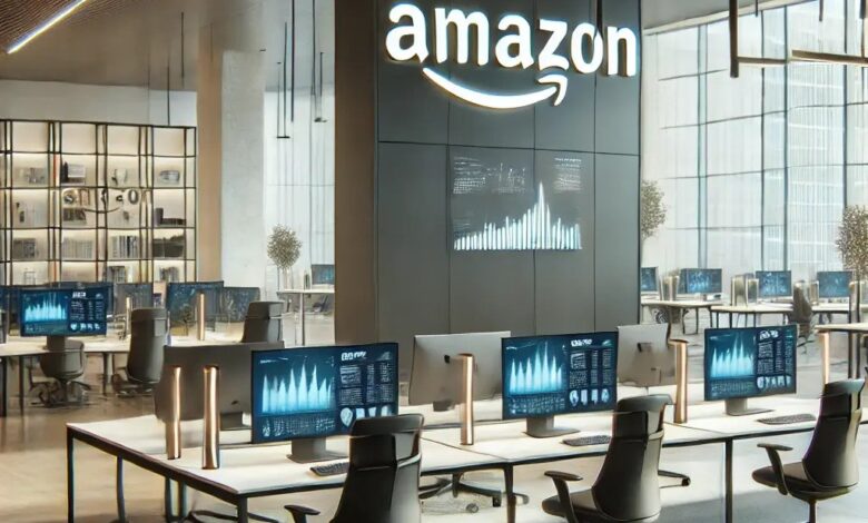 A sophisticated and professional office environment for Amazon without any people. The scene includes a modern design with sleek minimalist furnitur